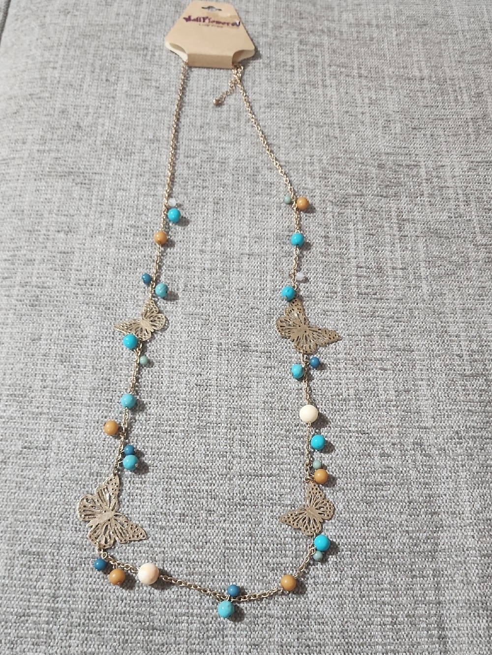 Wallflower Gold Butterfly Necklace with Turquoise and Cream Beads